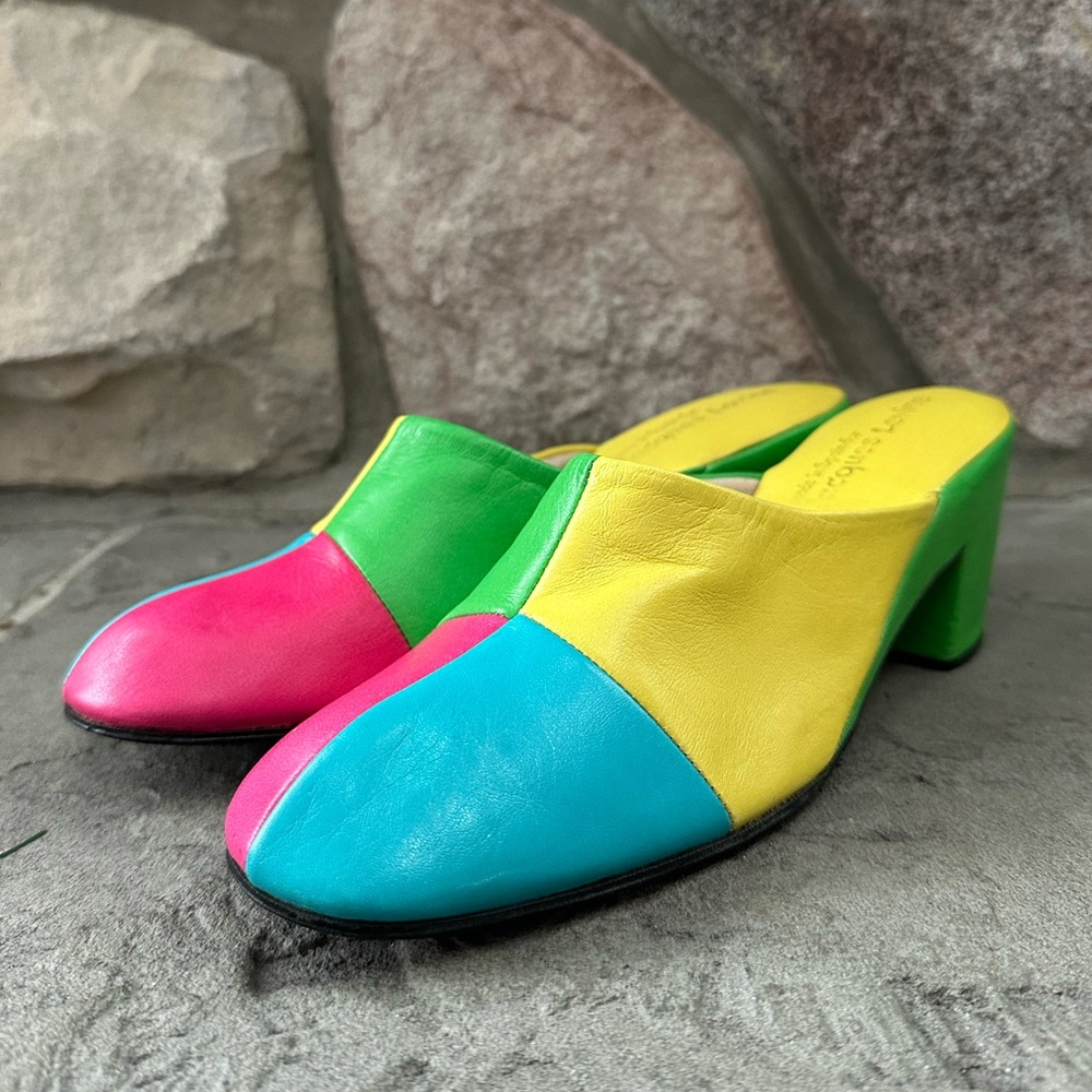 Vibrant Yellow and Green Block-Heeled Mules